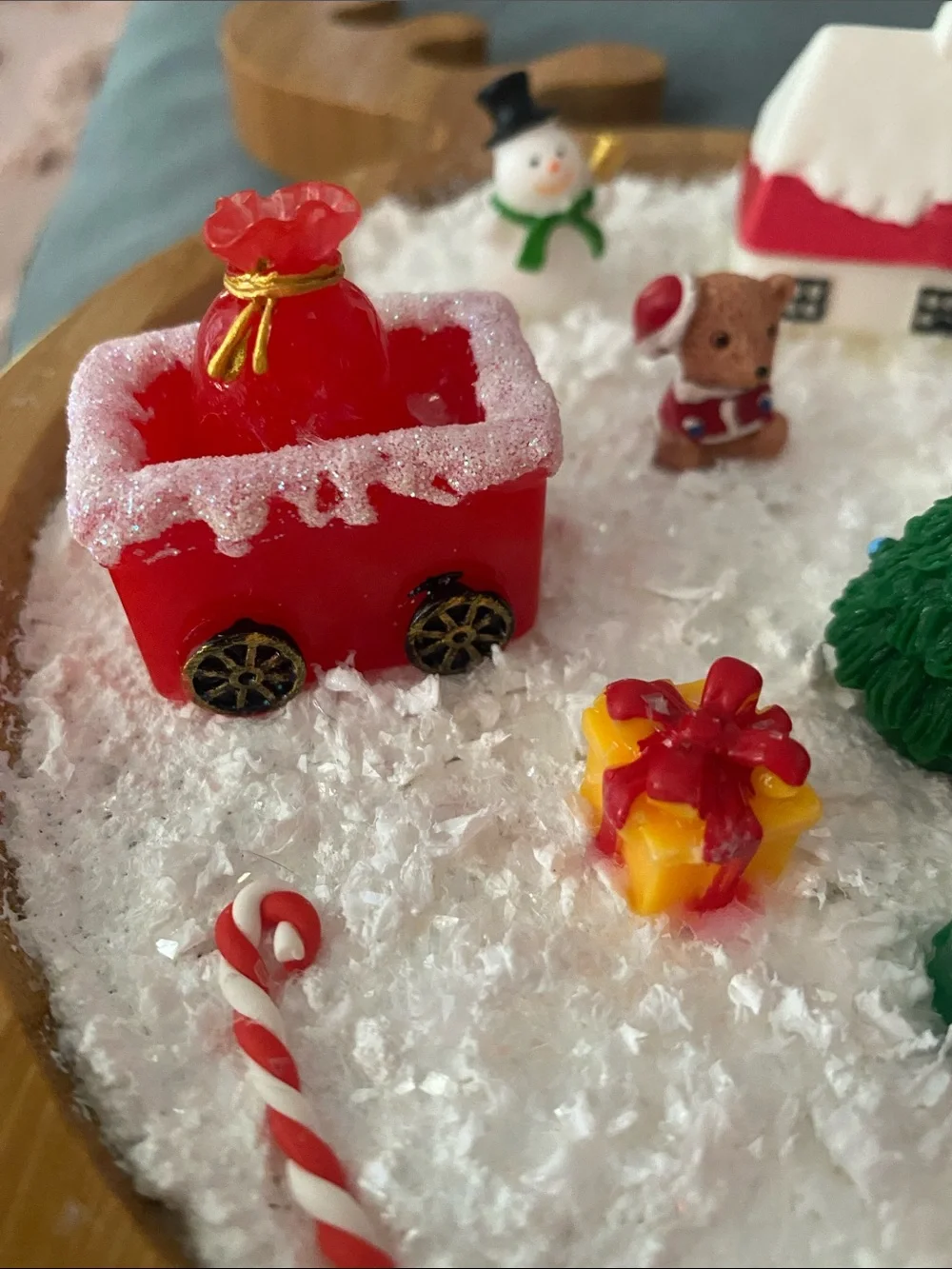 Holiday Reindeer Decorative Snow Tray with Red and Green Miniatures